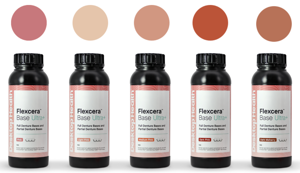 Image shows Flexcera Base Plus resin bottles with colour variants