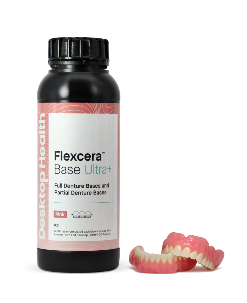 Image shows Flexcera-Base-Plus resin bottle and a 3D-printed denture by desktop health