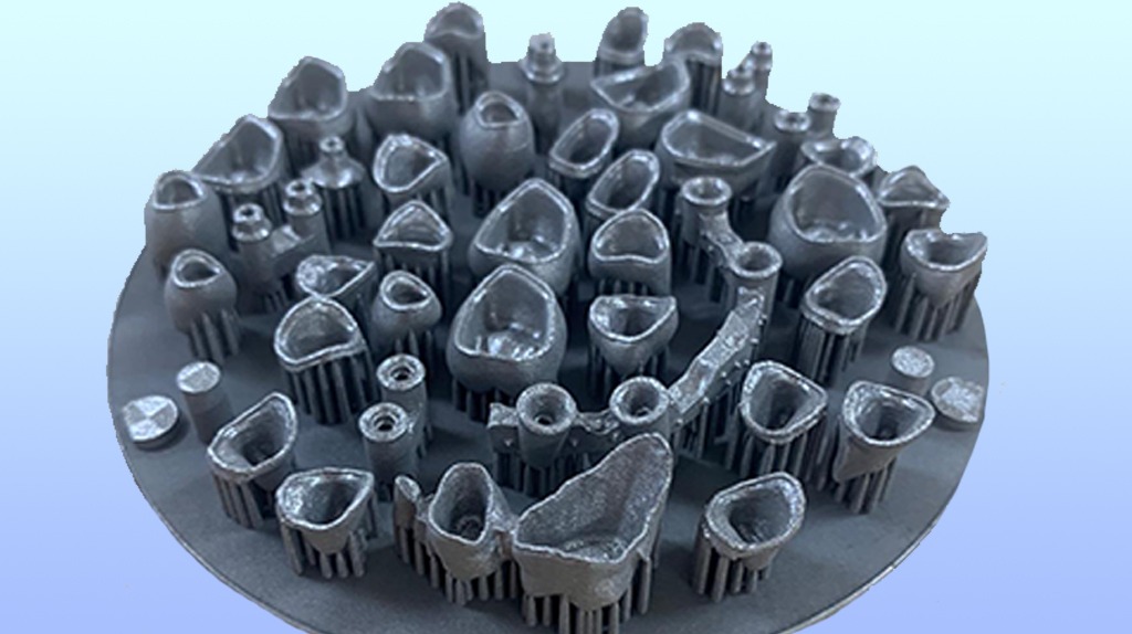 Image shows dental parts on a plate ready to be processed by Make&Mill CAM software