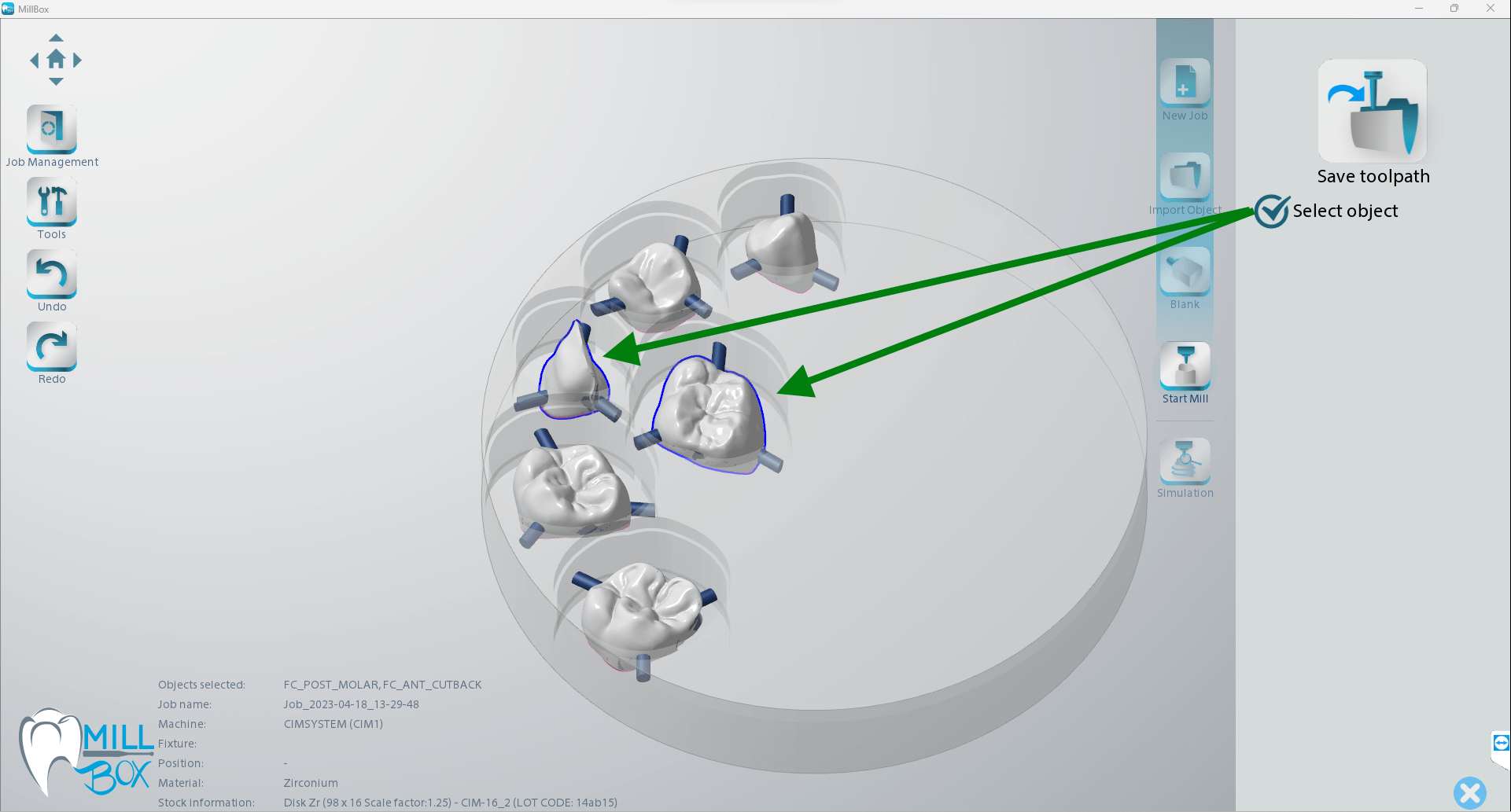 Image shows print screen of milling a selection of parts on the disc within millbox dental software