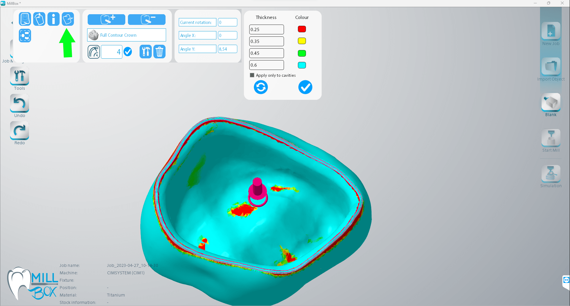 image shows print screen of thickness analysis feature in millbox dental software