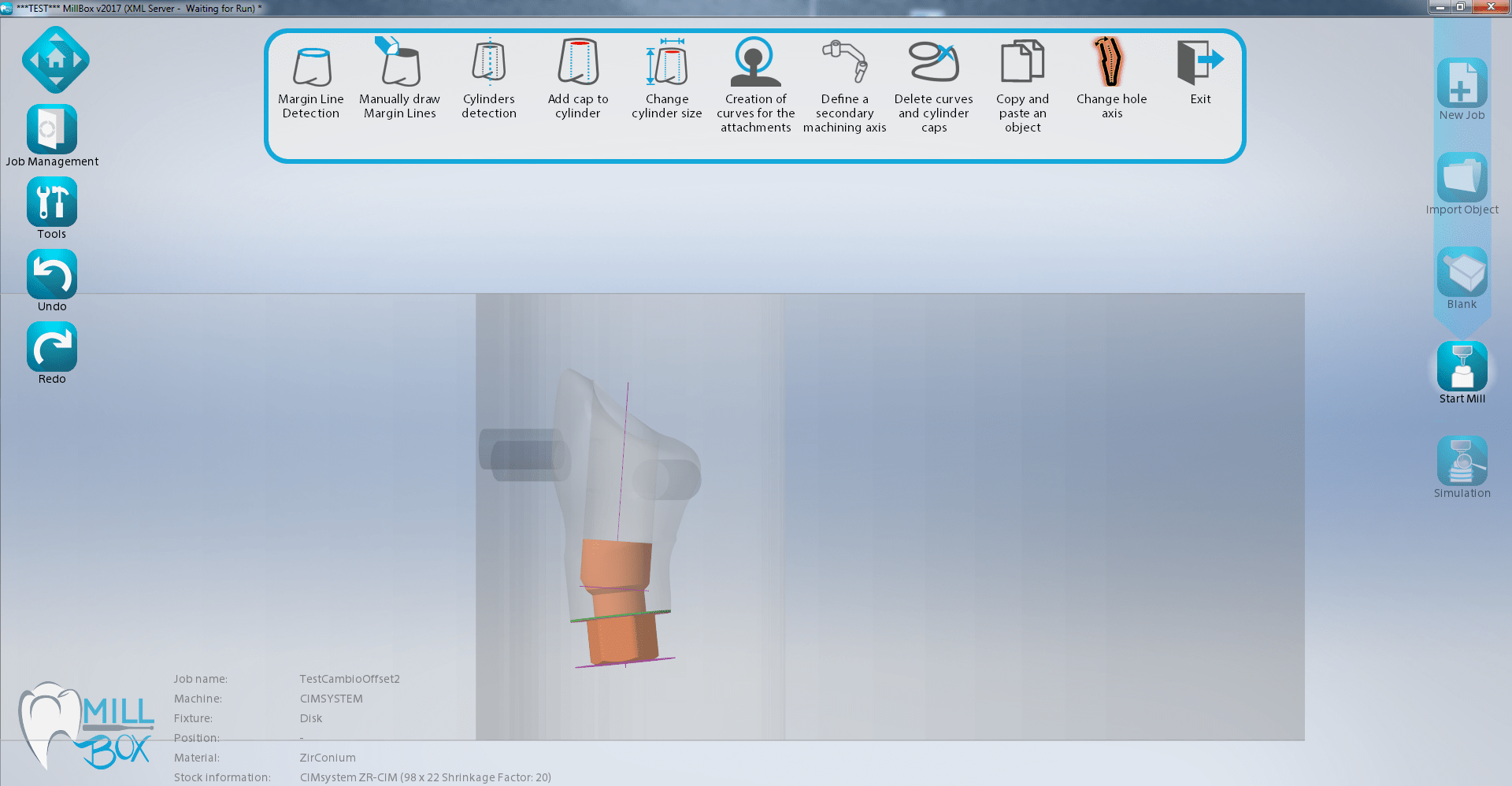 Image shows print screen of change hole axis in Millbox dental software